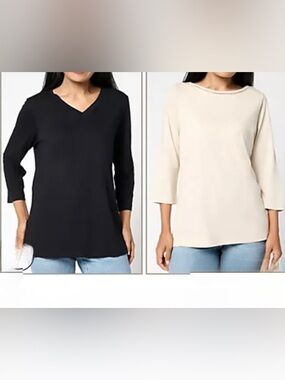 New Belle by Kim Gravel Set of 2 3/4 Sleeve Slub Knit Tops Black and Tan / Large